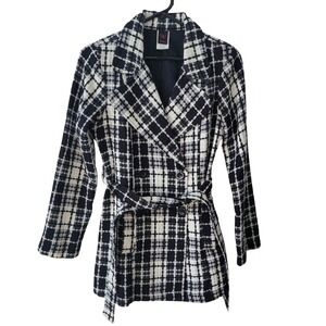 Wrapper Womens Medium Pea Coat Black White Plaid Belted Double Breasted